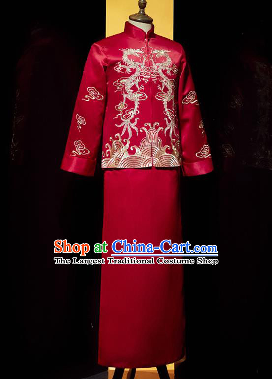 Chinese Bridegroom Embroidered Costume Traditional Wedding Garment Clothing Tang Suit Red Mandarin Jacket and Robe for Men