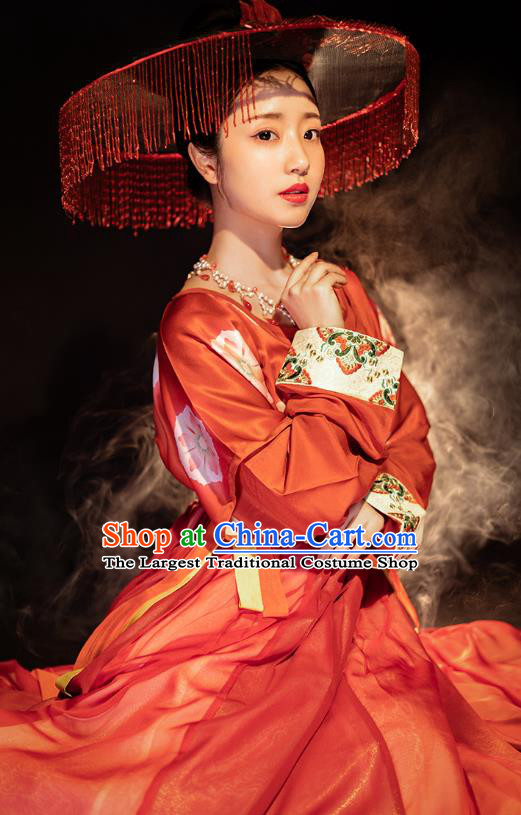 Chinese Ancient Tang Dynasty Young Lady Red Hanfu Dress Traditional Garment Nobility Female Historical Costumes for Women
