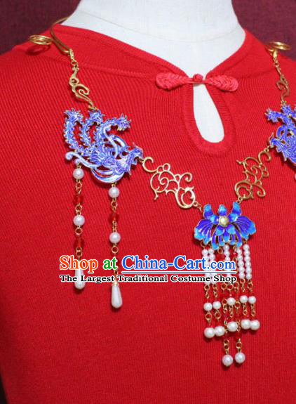Traditional Chinese Ancient Princess Necklace Handmade Jewelry Accessories Cloisonne Phoenix Pearls Tassel Necklet for Women