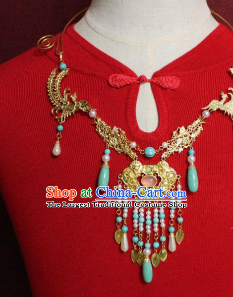 Traditional Chinese Ancient Princess Golden Phoenix Necklace Handmade Jewelry Accessories Longevity Lock Tassel Necklet for Women