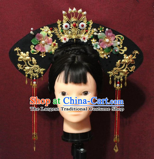 Chinese Ancient Qing Dynasty Queen Hair Jewelry Traditional Handmade Hairpins Hair Accessories Red Tassel Phoenix Coronet Complete Set
