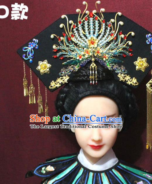 Chinese Ancient Qing Dynasty Queen Hair Jewelry Traditional Handmade Hairpins Hair Accessories Golden Tassel Phoenix Coronet Complete Set