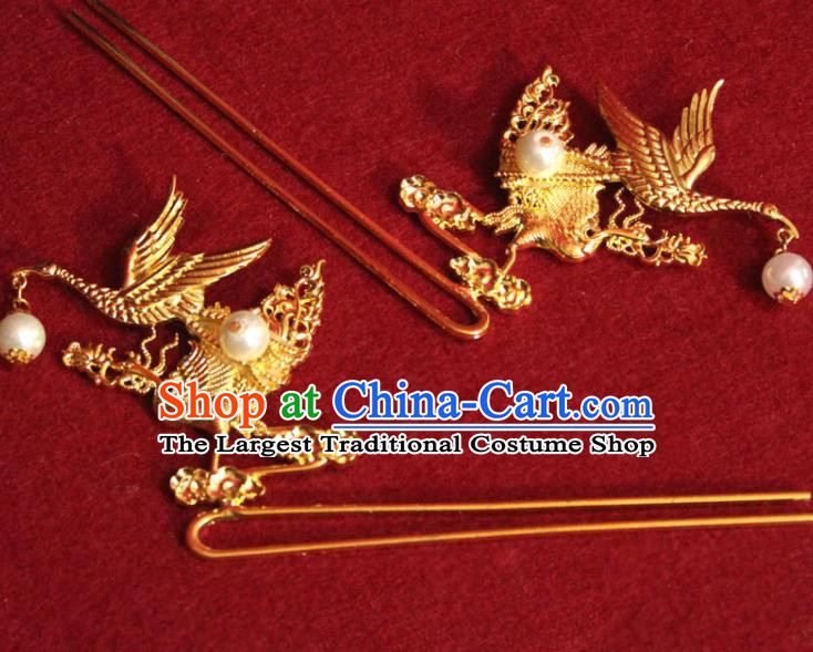 Traditional Chinese Handmade Golden Crane Hair Clip Ancient Queen Tassel Hairpin Hair Accessories for Women