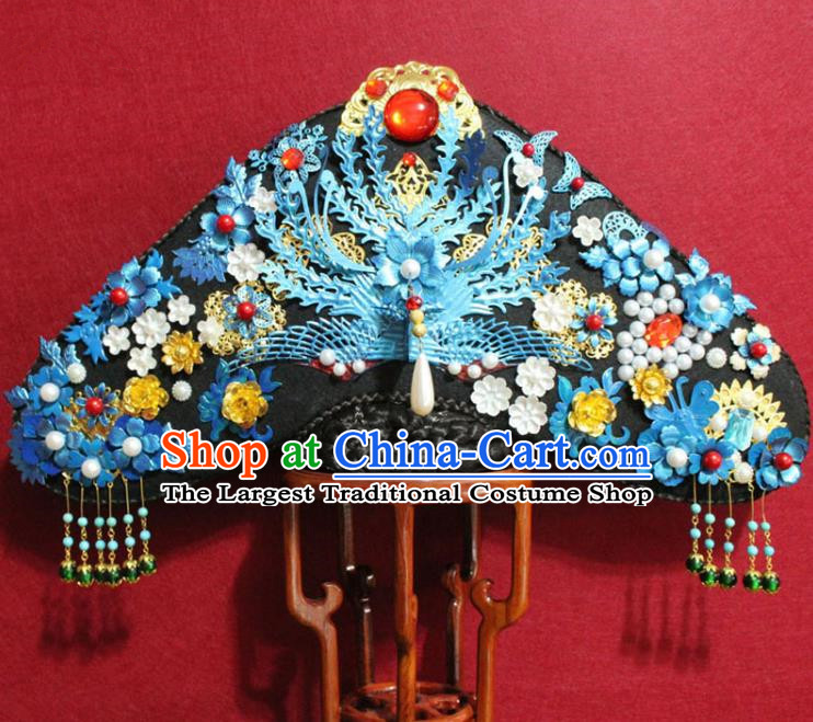 Chinese Ancient Qing Dynasty Queen Hair Jewelry Traditional Handmade Hairpins Hair Accessories Blueing Flowers Phoenix Coronet Complete Set