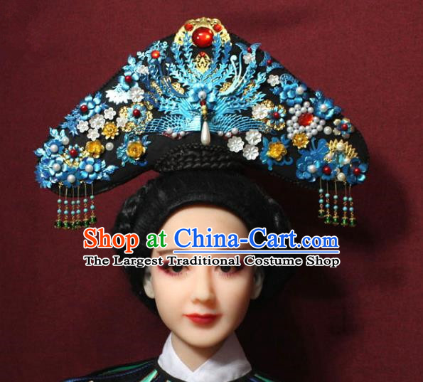Chinese Ancient Qing Dynasty Queen Hair Jewelry Traditional Handmade Hairpins Hair Accessories Blueing Flowers Phoenix Coronet Complete Set