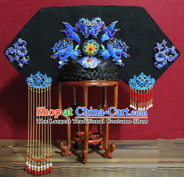 Chinese Ancient Imperial Consort Cloisonne Phoenix Coronet Hair Jewelry Traditional Handmade Hairpins Qing Dynasty Queen Hair Accessories Complete Set