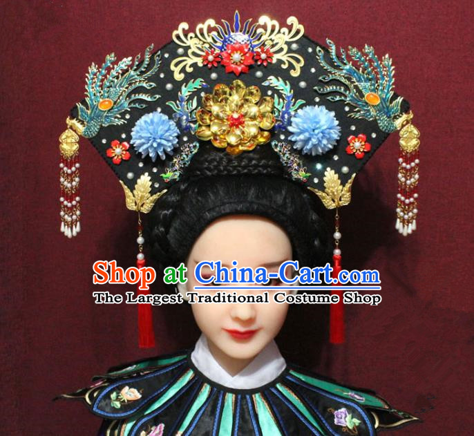 Chinese Ancient Imperial Consort Blueing Phoenix Coronet Hair Jewelry Traditional Handmade Hairpins Qing Dynasty Queen Hair Accessories Complete Set
