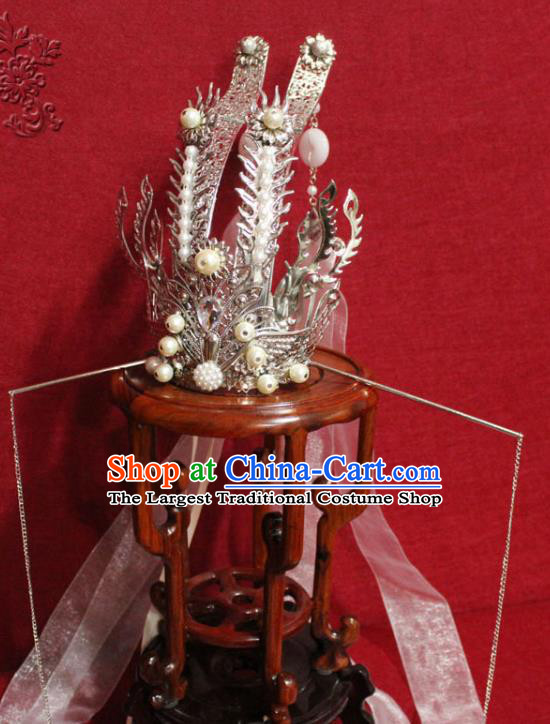 Traditional Chinese Ancient Prince Argent Hairdo Crown Handmade Ming Dynasty Noble Childe Ribbon Hair Accessories for Men