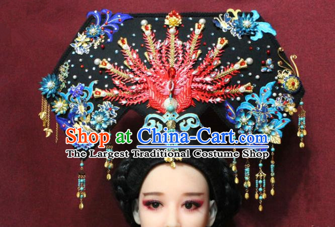 Chinese Ancient Imperial Consort Red Phoenix Coronet Hair Jewelry Traditional Handmade Hairpins Qing Dynasty Queen Hair Accessories Complete Set