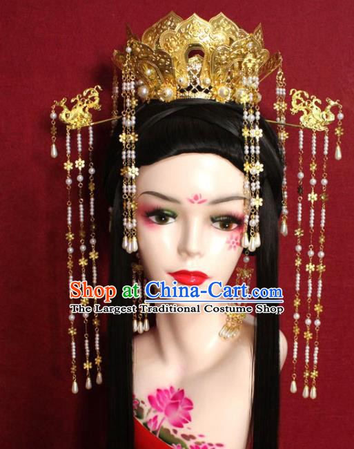 Traditional Chinese Ancient Queen Pearls Tassel Phoenix Coronet Hair Crown Handmade Hair Jewelry Hairpins Golden Lotus Hair Accessories for Women