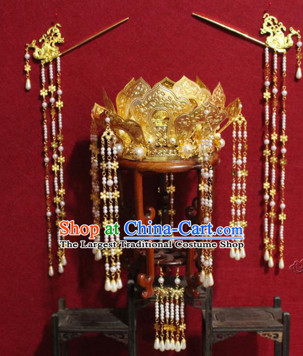 Traditional Chinese Ancient Queen Pearls Tassel Phoenix Coronet Hair Crown Handmade Hair Jewelry Hairpins Golden Lotus Hair Accessories for Women