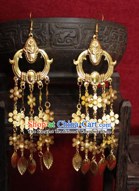 Traditional Chinese Ancient Princess Golden Flowers Tassel Earrings Handmade Jewelry Accessories Eardrop for Women