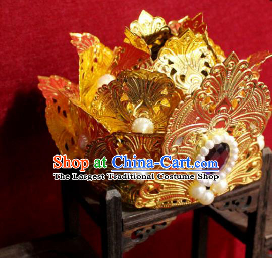 Traditional Chinese Handmade Buddhist Statues Purple Crystal Hair Crown Golden Lotus Hair Accessories
