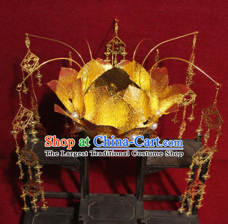 Traditional Chinese Handmade Buddhist Statues Phoenix Hair Crown Golden Lotus Tassel Hair Accessories