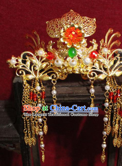 Traditional Chinese Handmade Buddhist Statues Red Flower Phoenix Hair Crown Golden Tassel Hair Accessories