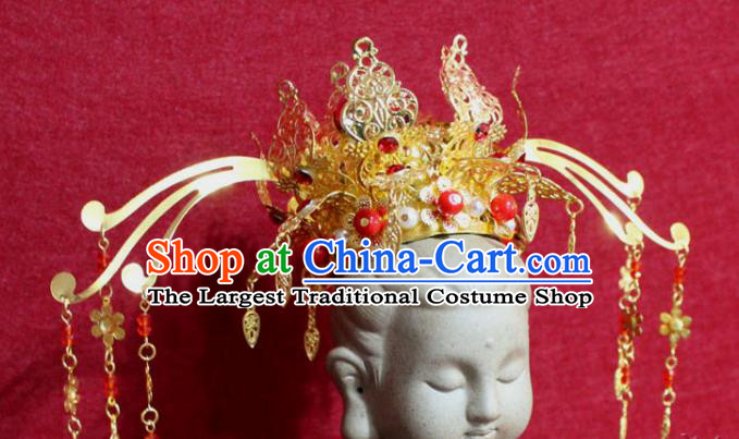 Traditional Chinese Handmade Buddhist Statues Phoenix Hair Crown Red Crystal Hair Accessories