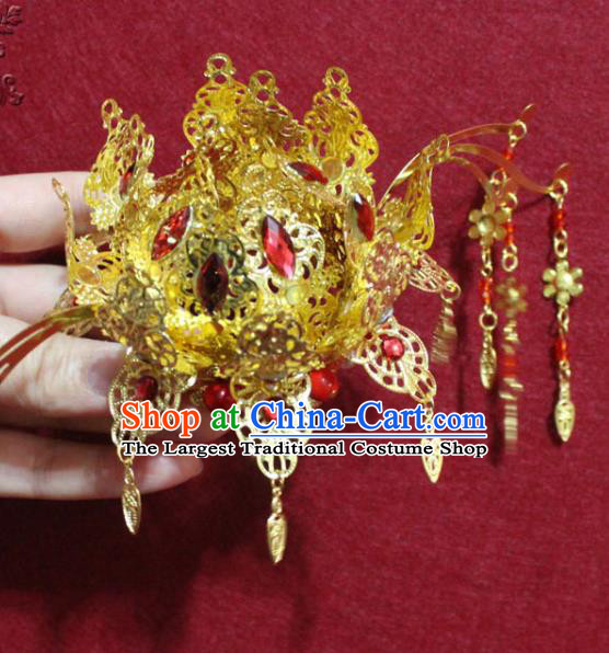 Traditional Chinese Handmade Buddhist Statues Phoenix Hair Crown Red Crystal Hair Accessories