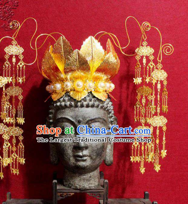 Traditional Chinese Handmade Golden Lotus Hair Crown Buddhist Statues Tassel Hairpins Hair Accessories Headwear