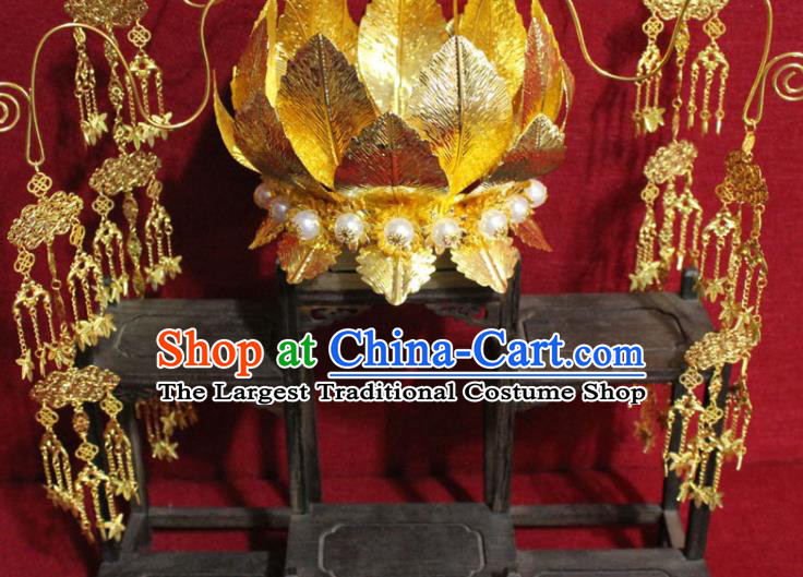 Traditional Chinese Handmade Golden Lotus Hair Crown Buddhist Statues Tassel Hairpins Hair Accessories Headwear