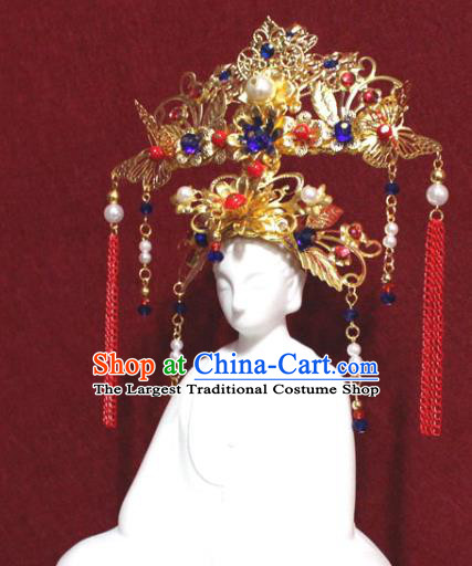 Traditional Chinese Handmade Tassel Hair Crown Buddhist Statues Blue Flowers Hairpins Golden Hair Accessories Headwear