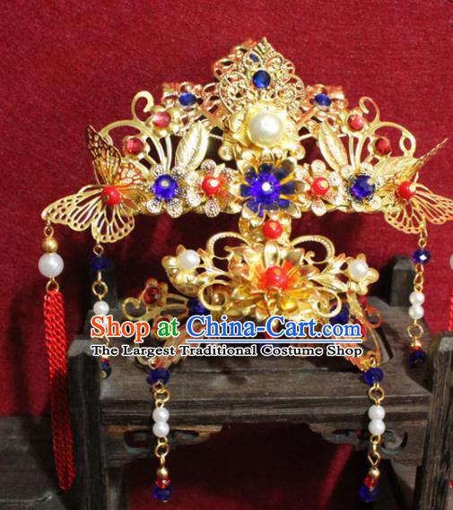 Traditional Chinese Handmade Tassel Hair Crown Buddhist Statues Blue Flowers Hairpins Golden Hair Accessories Headwear