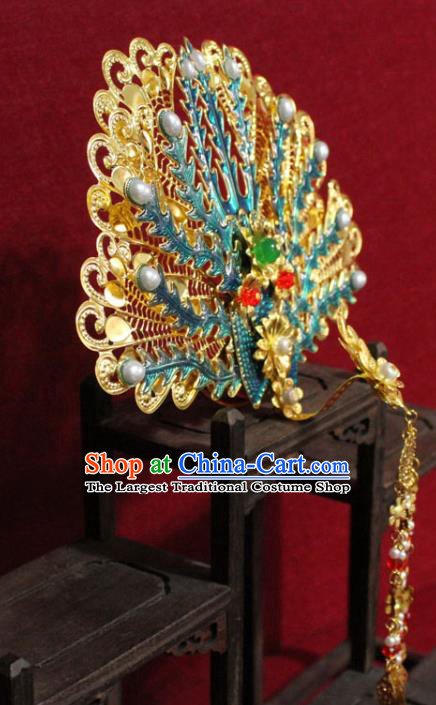 Traditional Chinese Handmade Cloisonne Phoenix Hair Crown Ancient Queen Golden Tassel Hairpins Hair Accessories Court Headwear for Women