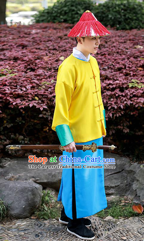 Chinese Traditional Qing Dynasty Imperial Bodyguard Hanfu Clothing Ancient Drama Court Swordsman Garment Historical Costumes and Hat Complete Set