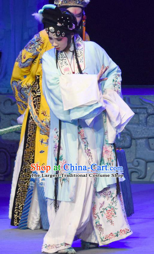 Chinese Sichuan Opera Imperial Consort Garment Costumes and Hair Accessories Qing Yun Palace Traditional Peking Opera Young Lady Blue Dress Apparels
