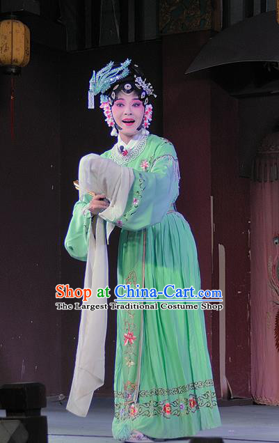Chinese Sichuan Opera Diva Wang Ruilan Garment Costumes and Hair Accessories Shuang Bai Yue Traditional Peking Opera Actress Green Dress Hua Tan Apparels