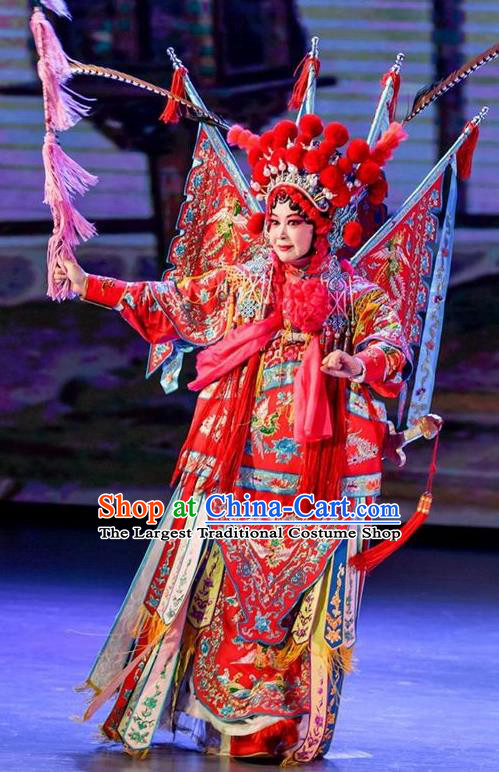 Chinese Sichuan Opera Tao Ma Tan Garment Costumes and Hair Accessories Yuan Men Zhan Zi Traditional Peking Opera Blues Mu Guiying Dress Apparels with Flags