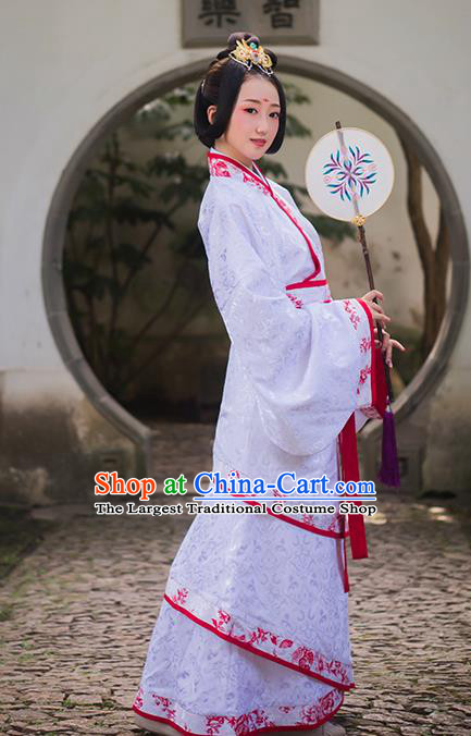 Chinese Qin Dynasty Curving Front Robe Apparels Ancient Court Princess Historical Costumes Traditional Noble Lady White Hanfu Dress for Women