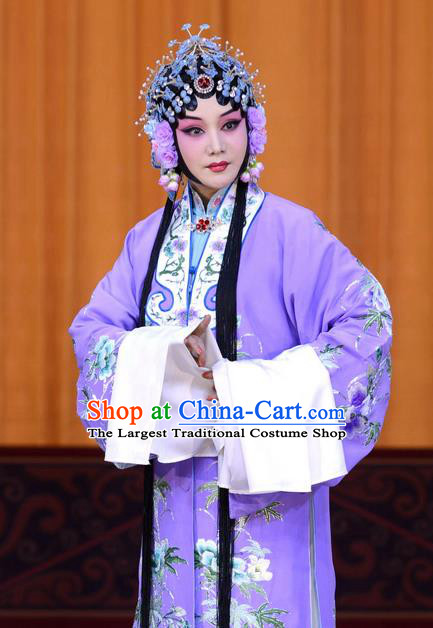 Chinese Beijing Opera Hua Tan Li Shuping Apparels Costumes and Headdress Chen Sanliang Pa Tang Traditional Peking Opera Courtesan Purple Dress Garment