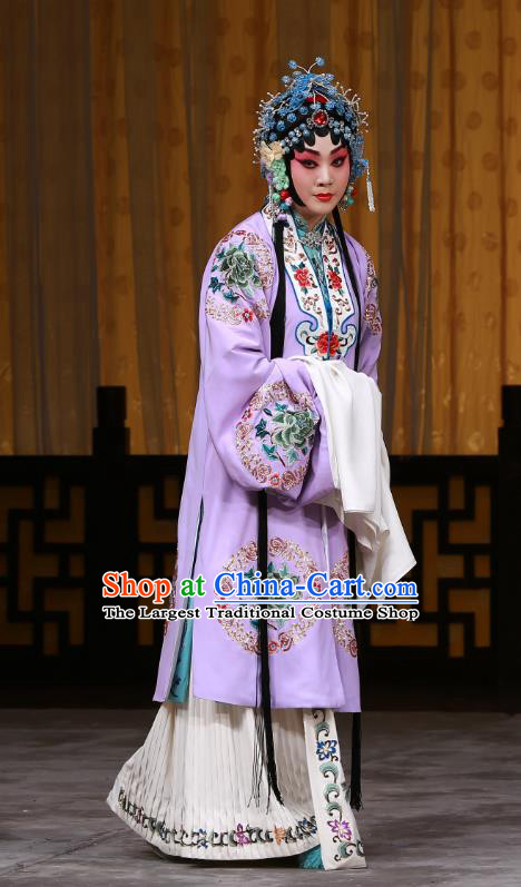 Chinese Beijing Opera Young Mistress Apparels Costumes and Headdress The Mirror of Fortune Traditional Peking Opera Actress Purple Dress Garment