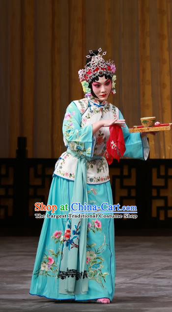 Chinese Beijing Opera Servant Girl Apparels Costumes and Headdress The Mirror of Fortune Traditional Peking Opera Xiaodan Shou Chun Dress Garment