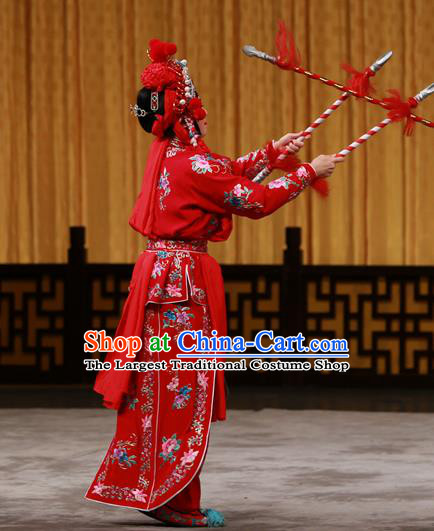 Chinese Beijing Opera Female Swordsman Apparels Costumes and Headdress Hongqiao with the Pearl Traditional Peking Opera Martial Lady Ling Bo Red Dress Garment