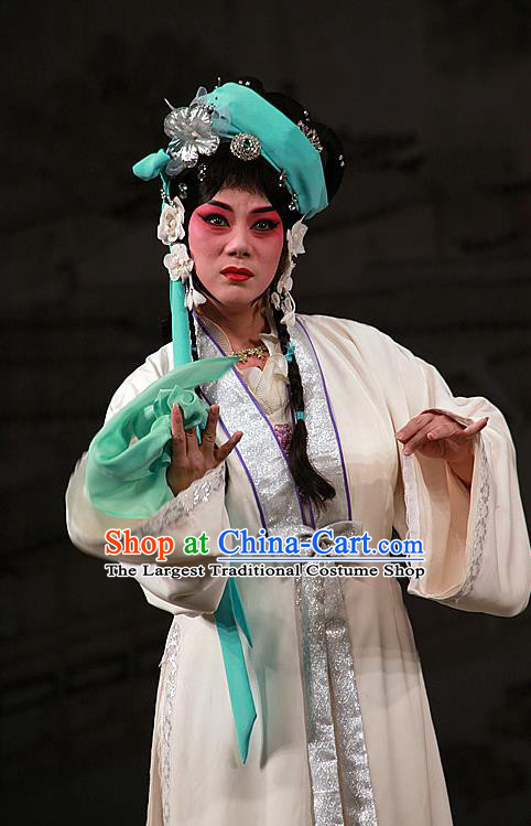 Chinese Beijing Opera Hua Tan Yan Poxi Apparels Costumes and Headdress Wu Long Yuan Traditional Peking Opera Actress White Dress Young Lady Garment