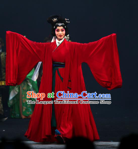 Chinese Beijing Opera Hua Tan Red Apparels Young Female Costumes and Headdress Da Meng Chang Ge Traditional Peking Opera Huadan Dress Diva Jiang Yan Garment