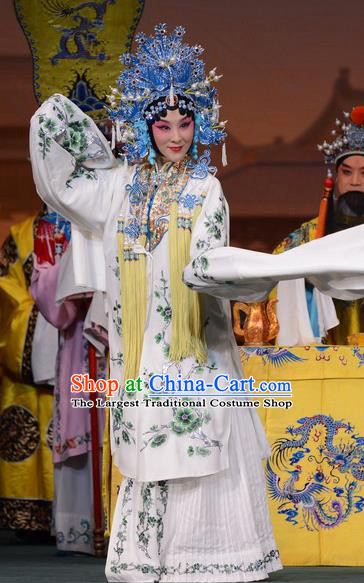Chinese Beijing Opera Huadan Apparels Young Lady Costumes and Headdress Imperial Concubine Mei Traditional Peking Opera Actress White Dress Court Lady Garment