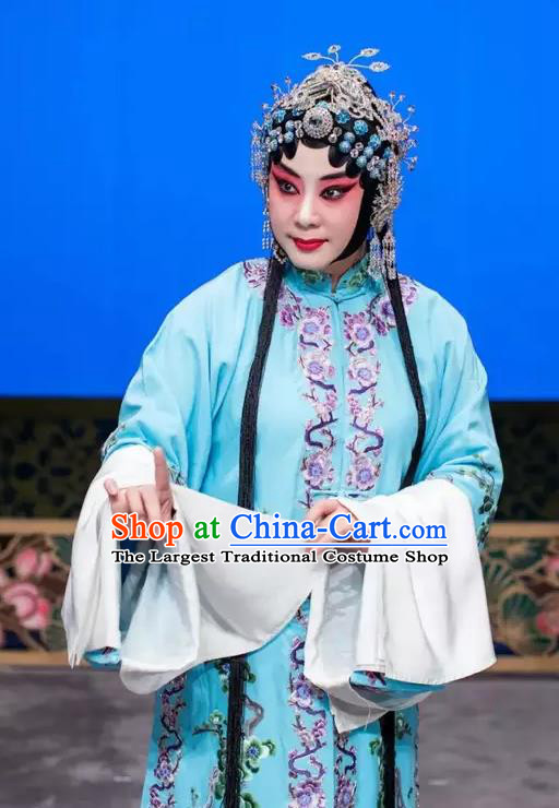 Chinese Beijing Opera Actress Young Female Apparels Costumes and Headdress Han Ming Fei Traditional Peking Opera Hua Tan Wang Zhaojun Blue Dress Garment