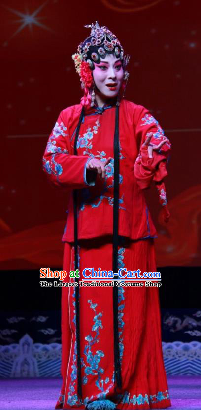 Chinese Shanxi Clapper Opera Young Beauty Garment Costumes and Headdress Qiu Sao Traditional Bangzi Opera Hua Tan Red Dress Actress Apparels