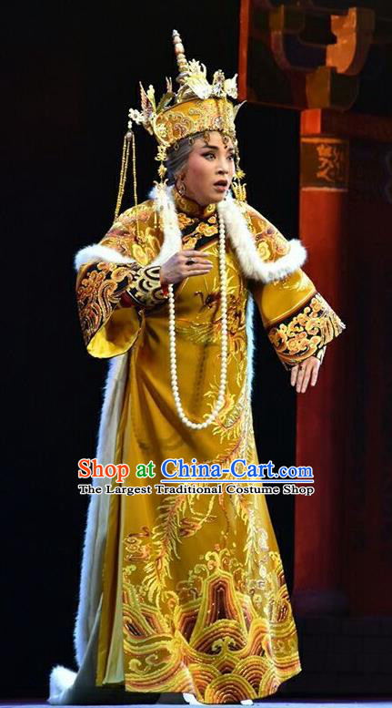 Chinese Jin Opera Queen Mother Garment Costumes and Headdress Xiaozhuang Changge Traditional Shanxi Opera Qing Dynasty Empress Dowager Dress Elderly Female Apparels