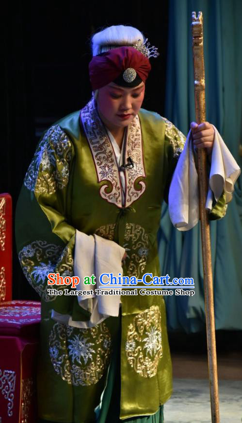 Chinese Jin Opera Pantaloon Garment Costumes and Headdress Han Yang Court Traditional Shanxi Opera Elderly Female Green Dress Noble Dame Apparels