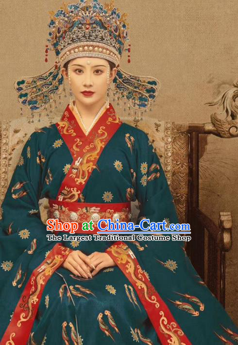 Chinese Song Dynasty Imperial Empress Historical Costumes Traditional Court Apparels Ancient Royal Queen Hanfu Dress and Headdress Complete Set