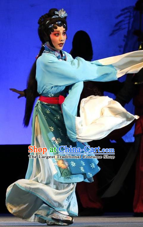 Chinese Jin Opera Country Woman Garment Costumes and Headdress Lan Ke Mountain Traditional Shanxi Opera Hua Tan Dress Young Female Apparels