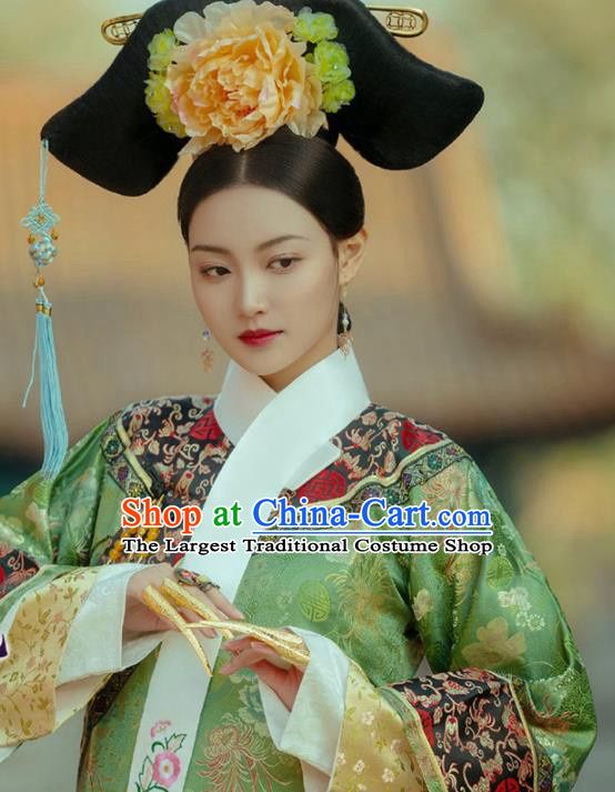 Chinese Traditional Drama Green Hanfu Dress Ancient Apparels Qing Dynasty Imperial Consort Historical Costumes and Headdress Complete Set for Women