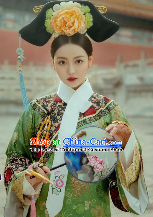 Chinese Traditional Drama Green Hanfu Dress Ancient Apparels Qing Dynasty Imperial Consort Historical Costumes and Headdress Complete Set for Women