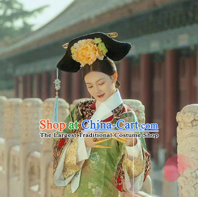 Chinese Traditional Drama Green Hanfu Dress Ancient Apparels Qing Dynasty Imperial Consort Historical Costumes and Headdress Complete Set for Women