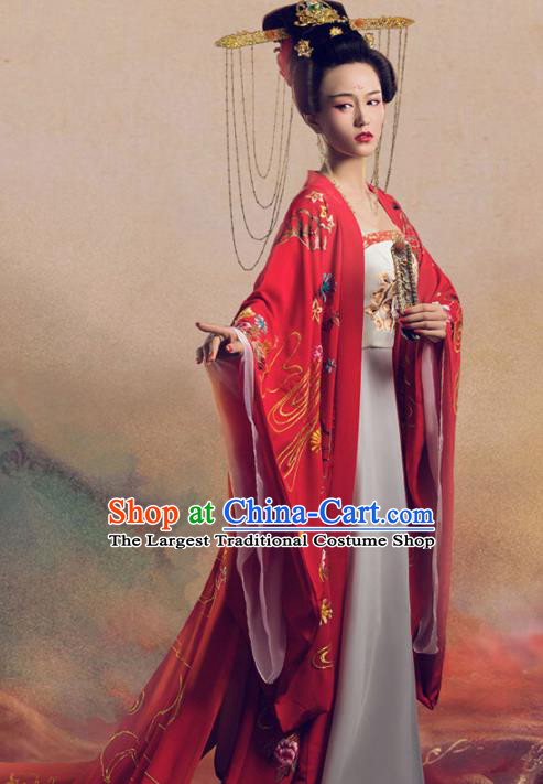 Chinese Ancient Imperial Consort Yang Hanfu Dress Apparels Traditional Tang Dynasty Magnificent Concubine Historical Costumes and Headdress Complete Set