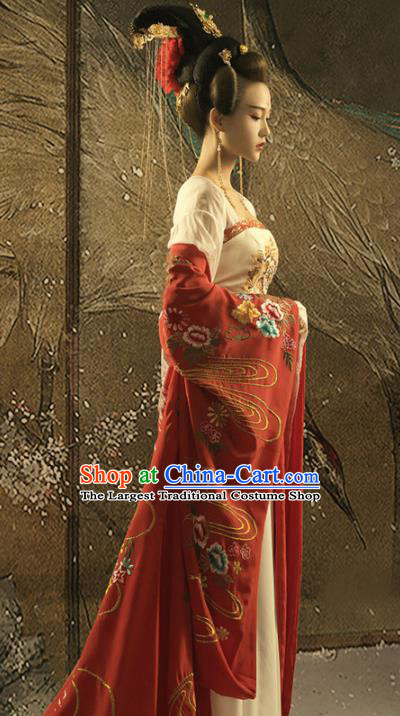 Chinese Ancient Imperial Consort Yang Hanfu Dress Apparels Traditional Tang Dynasty Magnificent Concubine Historical Costumes and Headdress Complete Set