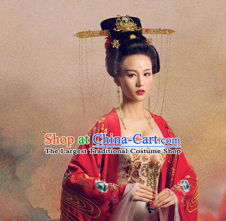 Chinese Ancient Imperial Consort Yang Hanfu Dress Apparels Traditional Tang Dynasty Magnificent Concubine Historical Costumes and Headdress Complete Set